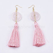 Nylon Tassel Dangle Earrings, with Natural Rose Quartz and Brass Earring Hooks, 127mm, pin: 0.6mm(EJEW-F108-A04)