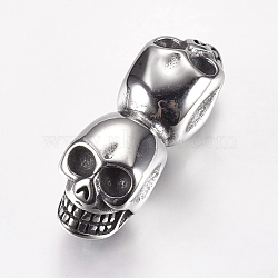 304 Stainless Steel Beads, Skull, Large Hole Beads, Antique Silver, 36x11.5x13mm, Hole: 6mm(STAS-I070-15AS)