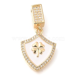 Brass Rhinestone Pendants, Micro Pave Cubic Zirconia Pendents, Shield with Four Leaf Clover Charms, White, 30.5mm, Hole: 7x5mm(KK-S049-32G-02)