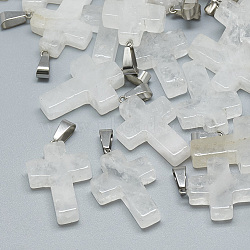 Natural Quartz Crystal Pendants, Rock Crystal Pendants, with Stainless Steel Snap On Bails, Cross, 29~30x18~19x5~6mm, Hole: 6x4mm(X-G-T080-21)