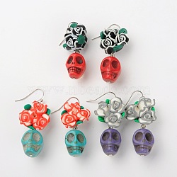Stylish Skull Howlite Beads Earrings, with Polymer Clay Flower Beads and Brass Earring Hooks, Platinum Metal Color, Mixed Color, 49mm, Pin: 0.7mm(X-EJEW-JE01060)