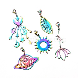201 Stainless Steel Pendants Decorations, with 304 Stainless Steel Lobster Claw Clasps, Moon & Eye & Planet & Sun & Flower, Multi-color, 43~65mm, Hole: 3mm(HJEW-JM00545)