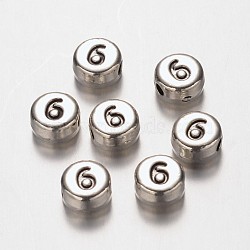 Flat Round Antique Silver Tone Alloy Number Beads, Num.6, 7x4mm, Hole: 1.2mm(PALLOY-K194-06AS)