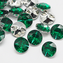 Taiwan Acrylic Rhinestone Buttons, Faceted, 1-Hole, Flat Round, Dark Green, 25x10mm, Hole: 2mm(BUTT-F020-25mm-06)