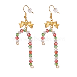 Glass Christmas Candy Cane with Alloy Bowknot Dangle Earrings, Gold Plated Brass Jewelry for Women, Golden, 69mm, Pin: 0.8mm(EJEW-JE04971-02)