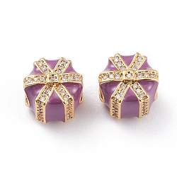 Real 18K Gold Plated Brass European Beads, Large Hole Beads, with Enamel and Micro Pave Cubic Zirconia, Long-Lasting Plated, Gifts Shape, for Christmas, Medium Purple, 11x9.4mm, Hole: 4.2mm(OPDL-L018-E03)