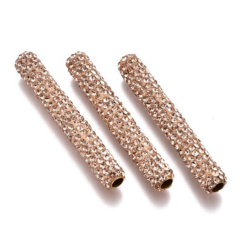 Polymer Clay Rhinestone Tube Beads, with Brass Findings, Smoky Quartz, 35~35.5x5~5.5mm, Hole: 2.5mm