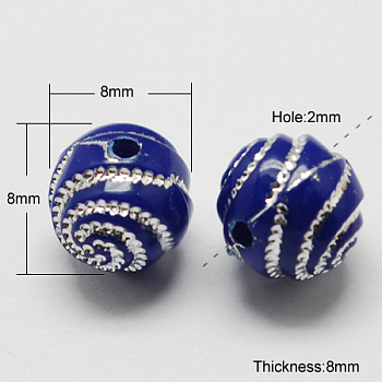 Plating Acrylic Beads, Metal Enlaced, Round, Prussian Blue, 7~8x7~8x7~8mm, Hole: 2mm, about 1800pcs/500g