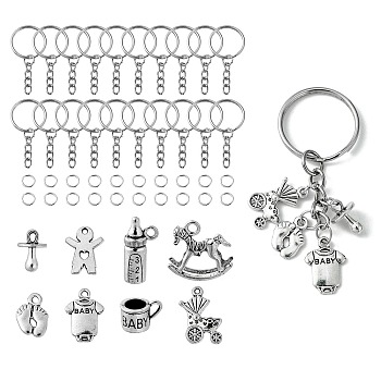 DIY Baby Theme Keychain Making Kit, Including Iron Split Key Rings, Clothes & Feeding-bottle & Pram Pendants, Jump Rings, Antique Silver, 160Pcs/bag
