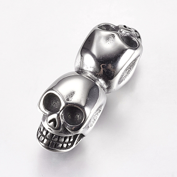 304 Stainless Steel Beads, Skull, Large Hole Beads, Antique Silver, 36x11.5x13mm, Hole: 6mm