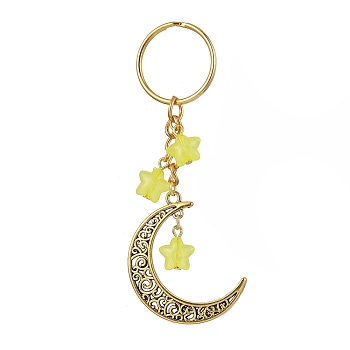 Tibetan Style Alloy Hollow Moon Pendant Keychain, with Acrylic Star Charm and Iron Split Key Rings, Yellow, 9.2cm