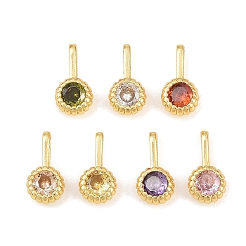 Brass Pave Cubic Zirconia Charms, Flat Round Charms, Single Stone Charms, Rack Plating, Long-Lasting Plated, Lead Free & Cadmium Free, Golden, Mixed Color, 12x6x3.5mm, Hole: 4.5x1mm