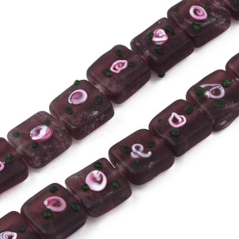 Handmade Frosted Lampwork Beads Strands, Square with Flower, Coconut Brown, 13~14.5x12~13x7~9mm, Hole: 1.5mm, about 35pcs/strand, 17.72 inch(45cm)