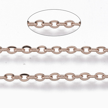 304 Stainless Steel Cable Chains, Soldered, Flat Oval, Rose Gold, 2x1.6x0.3mm, about 6.56 Feet(2m)/strand