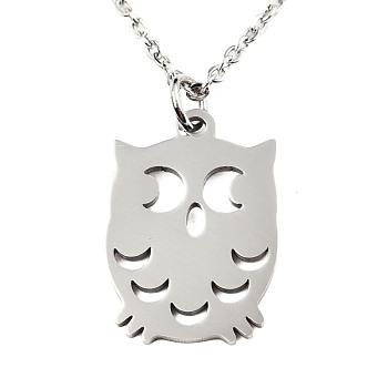 201 Stainless Steel Pendant Necklaces, with Cable Chains, Owl, Stainless Steel Color, 15.7 inch(40cm), 1.5mm, Owl: 20x13.5x1mm