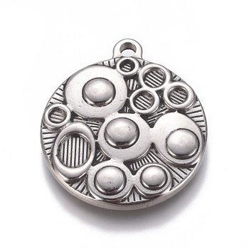 304 Stainless Steel Pendants, Textured, Flat Round with Circle Pattern, Antique Silver, 29x25x3.8mm, Hole: 2mm