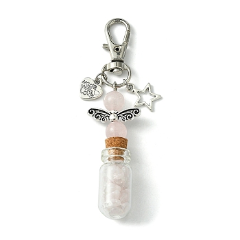 Glass Wishing Bottle with Natural Rose Quartz inside Pendant Decorations, Star & Heart Tibetan Style Alloy and Swivel Lobster Claw Clasps Charm, 86mm, Pendants: 58x21.5x13mm