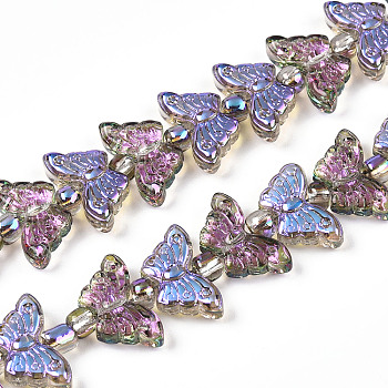 Electroplate Glass Beads Strands, Butterfly, Dark Violet, 7.5~8x14.5~15x4mm, Hole: 0.8mm, about 66~69pcs/strand, 23.23~24.41 inch(59~62cm), Beads: 3x4mm, Hole: 1mm