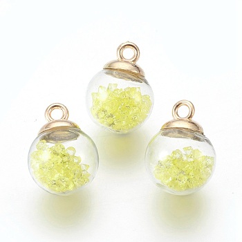 Transparent Glass Bottle Pendants, with Glass Rhinestone Inside and  Eco-Friendly Plastic Bottle Caps, Round, Yellow, 21x16mm, Hole: 2.5mm