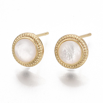 Brass Earring Findings, with Shell and Loop, Flat Round, Nickel Free, Real 18K Gold Plated, 9mm, Hole: 0.9mm, Pin: 0.8mm