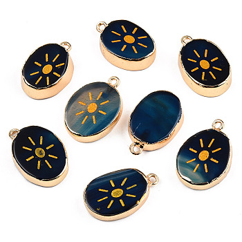 Natural Agate Pendants, with Light Gold Plated Brass Edge & Iorn Loops, Gold Powder, Dyed & Heated, Oval with Sun Charm, Marine Blue, 23~24x15~16.5x4~6.5mm, Hole: 1.6mm