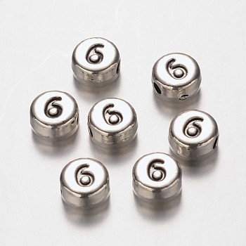Flat Round Antique Silver Tone Alloy Number Beads, Num.6, 7x4mm, Hole: 1.2mm