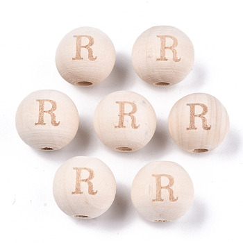 Unfinished Natural Wood European Beads, Large Hole Beads, Laser Engraved Pattern, Round with Word, Letter.R, 15~16x14~15mm, Hole: 4mm