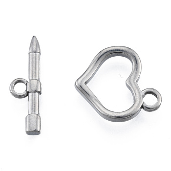 201 Stainless Steel Toggle Clasps, Heart, Stainless Steel Color, Bar: 7x23x2.5mm, Hole: 2.5mm, Heart: 19x18x3mm, Hole: 3mm
