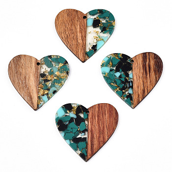 Transparent Resin & Walnut Wood Pendants, with Gold Foil, Heart Charms, Turquoise, 37x39x3mm, Hole: 2mm