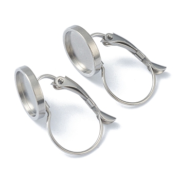 304 Stainless Steel Leverback Earring Findings, with Flat Round Trays Setting for Cabochon, Stainless Steel Color, Tray: 10mm, 21~24x12x11mm, Pin: 0.8mm