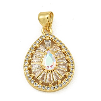 Rack Plating Brass Pave Cubic Zirconia Pendants, Lead Free & Cadmium Free, Real 18K Gold Plated, Colorful, 20.5x15x5.5mm, Hole: 4.5x3.5mm