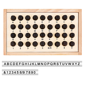 40Chromium Stamps, with Wood Box, Letter A~Z & Number 0~9, Beige, Box: 20.9x12.2x7.5cm, Stamp: 62x10x10mm