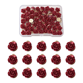 Pandahall Rack Plating Alloy Charms, with ABS Plastic, Cadmium Free & Lead Free, Rose Flower with Letter K, Dark Red, Light Gold, 9.5x7x5mm, Hole: 1.4mm, 50pcs/box