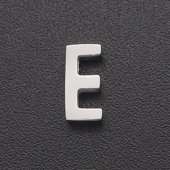 201 Stainless Steel Charms, for Simple Necklaces Making, Laser Cut, Letter, Stainless Steel Color, Letter.E, 8x4x3mm, Hole: 1.8mm