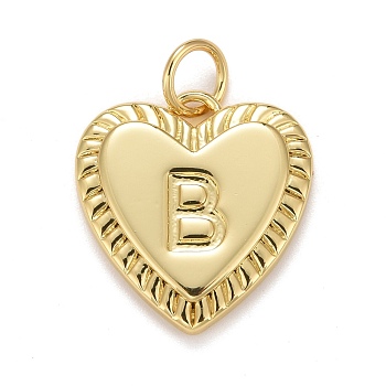 Rack Plating Real 18K Gold Plated Brass Pendants, with Jump Rings, Long-Lasting Plated, Lead Free & Cadmium Free & Nickel Free, Heart with Letter A~Z, Letter.B, 16x15x2.5mm, Jump Ring: 5x0.5mm, 3mm Inner Diameter