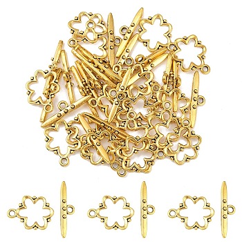 20Pcs Alloy Toggle Clasps, Nickel Free, Lead Free and Cadmium Free, Flower, Antique Golden, Flower: 19x15x1.5mm, hole: 2mm. Bar: 24x6x4mm, hole: 2mm.