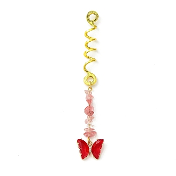 Alloy Dreadlocks Beads, Butterfly Glass and Cherry Quartz Glass Chips Braiding Hair Pendants Decoration Clips, for Hair Styling, 113mm, Hole: 4.5mm, Inner Diameter: 8mm