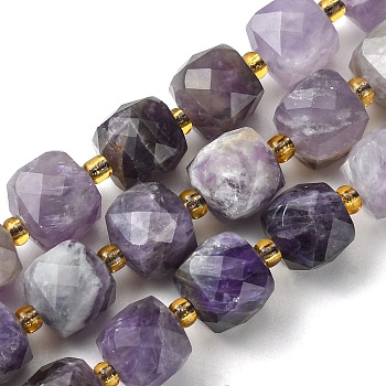 Natural Amethyst Beads Strands, with Seed Beads, Faceted Cube, 8~9x8~9x8~9mm, Hole: 0.9~1mm, about 35~39pcs/strand, 14.80''~15.16''(37.6~38.5cm)