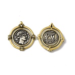 Rack Plating Brass Micro Pave Clear Cubic Zirconia Pendants, Cadmium Free & Lead Free & Nickle Free, Flat Round with Greece Coin Charm, Antique Silver & Antique Golden, 27x25x3.5mm, Hole: 1.5mm(KK-I696-06)