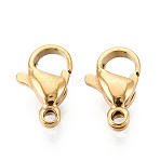 304 Stainless Steel Lobster Claw Clasps, Ion Plating(IP), Real 18K Gold Plated, 11x6.5~7x3.5mm, Hole: 1.4mm(STAS-T065-11mm-34G)