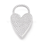 Brass Micro Pave Clear Cubic Zirconia Pendants, Long-Lasting Plated, Heart, Platinum, 33x19.8x3mm, Hole: 11.5x11mm(ZIRC-L097-004P)