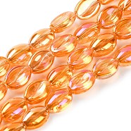 Electroplate Glass Beads Strands, Rainbow Plated, Coffee Bean, Orange, 10.5~11x8x5mm, Hole: 1mm, about 60pcs/strand, 25.20''(64cm)
(EGLA-B005-01A-FR01)