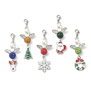Christmas Theme Angel Alloy Enamel Pendant Decoration, with Polymer Clay Rhinestone Beads and 304 Stainless Steel Lobster Claw Clasps, Santa Claus/Deer/Tree/Snowflake, Mixed Color, 59.5~67mm, 5pcs/set(HJEW-TA00026)