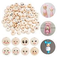 80Pcs 8 Styles Printed Wood European Beads, Large Hole Beads, Round with Smiling Face Pattern, Mixed Color, 23.5~25x22~23.5mm, Hole: 4.2~5.5mm, 10pcs/style(WOOD-AR0001-37)