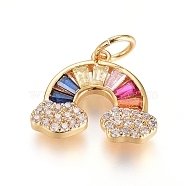 Brass Micro Pave Cubic Zirconia Pendants, with Jump Ring, Long-Lasting Plated, Rainbow, Colorful, Real 18K Gold Plated, 11.5x14x2mm, Hole: 3.5mm(X-ZIRC-G166-26G)