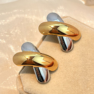 304 Stainless Steel Two Tone Stud Earrings, Golden & Stainless Steel Color, Cross, 28.5x20mm(EJEW-G422-04GP-02)