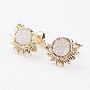 Electroplate Natural Druzy Agate Stud Earrings, with Brass Findings, Sun, Golden, White, 10x14x3~4mm, Pin: 0.8mm(EJEW-F128-03F)