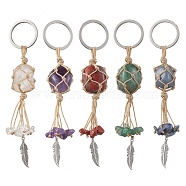 Nylon Wired Gemstone Keychains, with 304 Stainless Steel Split Key Rings and Alloy Feather Pendant, 11.5~12x2~2.3cm(KEYC-JKC00748)
