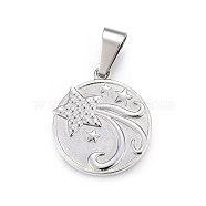 Non-Tarnish 304 Stainless Steel Pendants, Flat Round with Star, Stainless Steel Color, 28.5x25x2.5mm, Hole: 10x5mm(STAS-P211-18P)