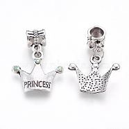 Alloy European Dangle Charms, with Rhinestone, Large Hole Pendants, Crown with Word Princess, Antique Silver, Crystal AB, 28mm, Hole: 5mm(CPDL-L018-001AS)